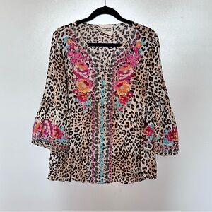 Savanna Jane Top Animal Print Floral Embroidered Bell Sleeve Large